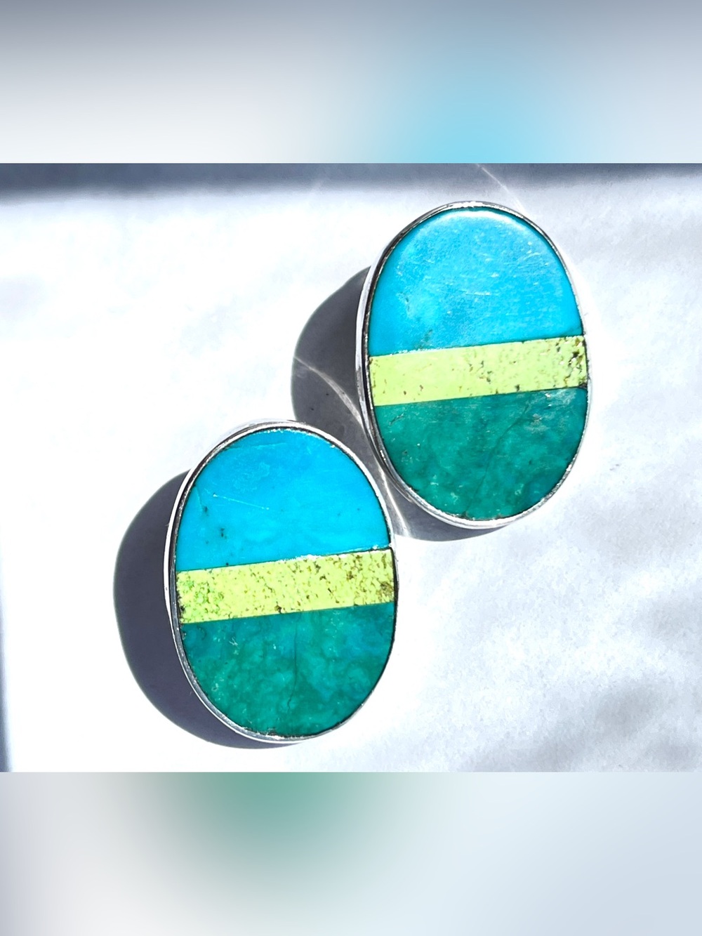 Large Vintage Southwestern 925 Gaspeite Turquoise Channel-Set Oval Earrings